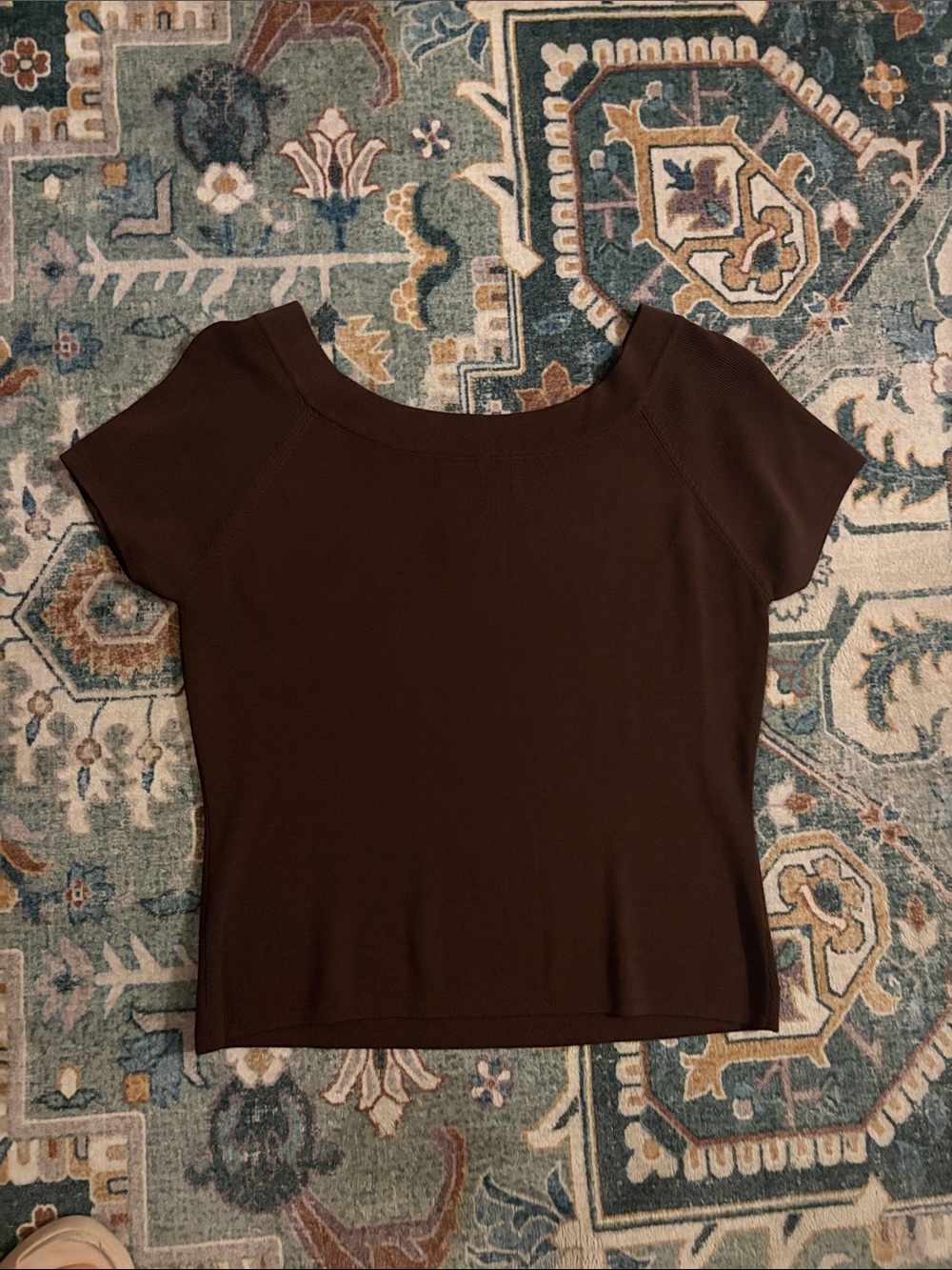 Joseph A. Chocolate Brown Short Sleeve Cr Knit Top, Scoop Neck, Large